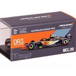 Macheta auto McLaren F1 MCL36  Team Mercedes GP Australia N3 2022 Daniel Ricciardo cu vitrina si pilot, 1:43 Bburago Signature