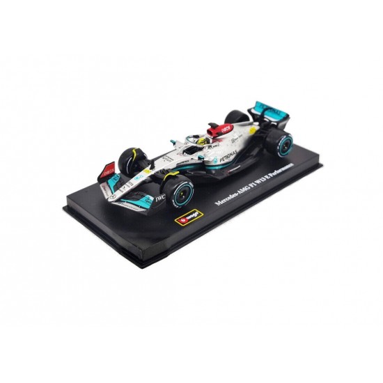 Macheta auto Mercedes-Benz F1 W13 E Performance Team AMG Petronas N44 2022 Lewis Hamilton cu vitrina si pilot, 1:43 Bburago Signature