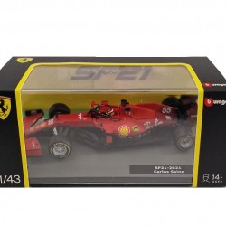 Macheta auto Ferrari F1 SF21 Team Scuderia Ferrari Winnow N55 Season 2021 Carlos Sainz Jr. cu vitrina si pilot, 1:43 Bburago Signature