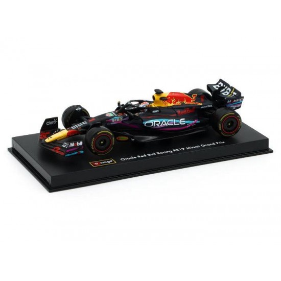 Macheta auto Honda F1 Red Bull Racing RB19 Miami GP N1 2023 Max Verstappen cu vitrina si pilot, 1:43 Bburago Signature