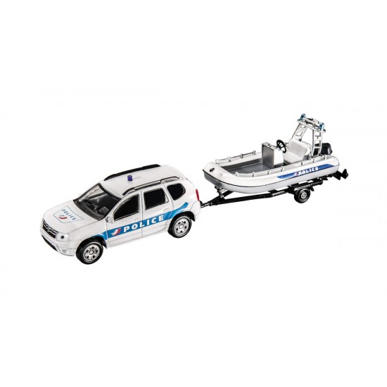Macheta auto Dacia Duster 2 2014 Politie + remorca salupa, 1:43 Mondo Motors